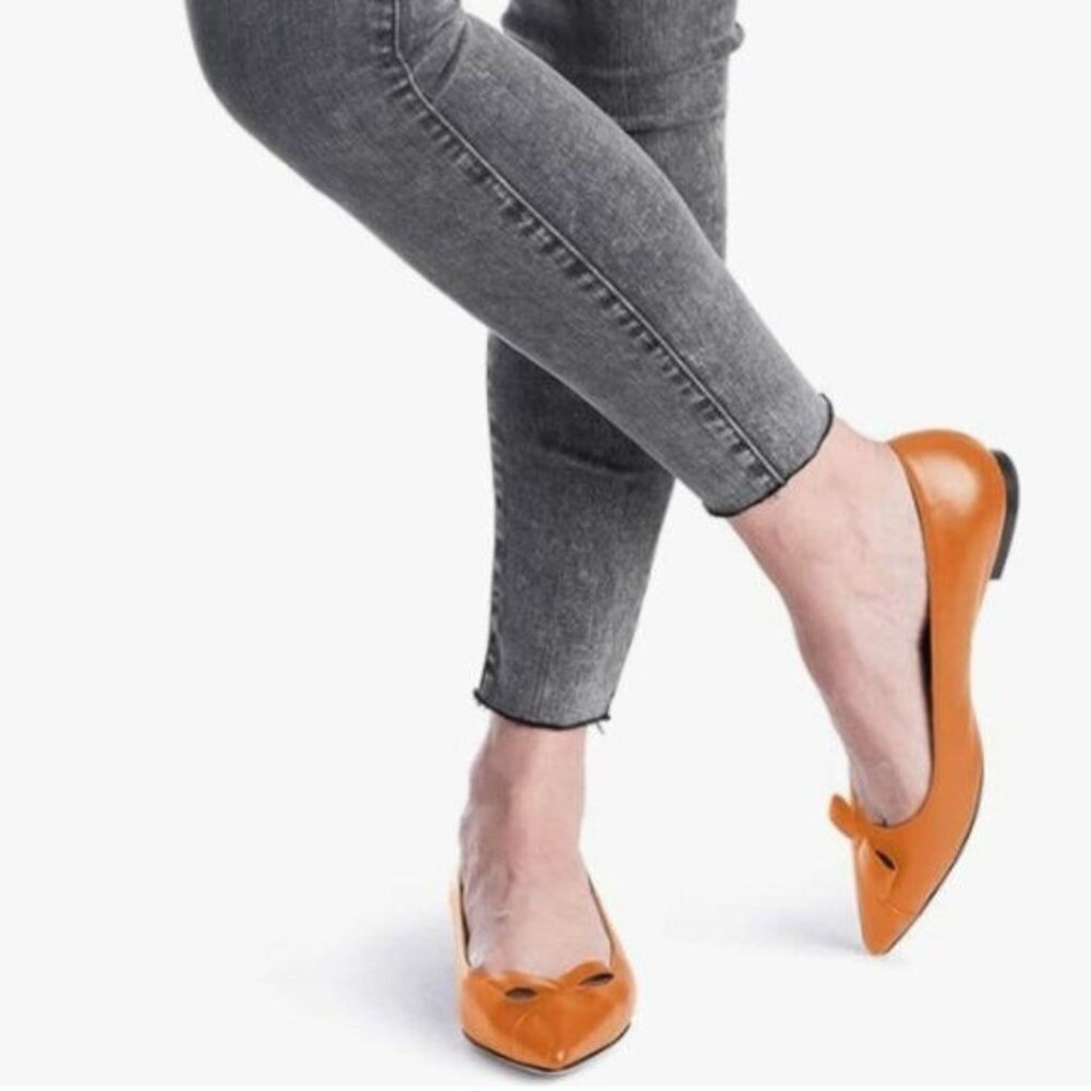 XYD Orange Bow Knot Pointed Toe Stacked Heel Flat Slip On Dress Shoes